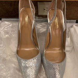 Aquazzura Silver Sequined Bow Tie Pumps.  Size 9-9.5 (Euro 40).
